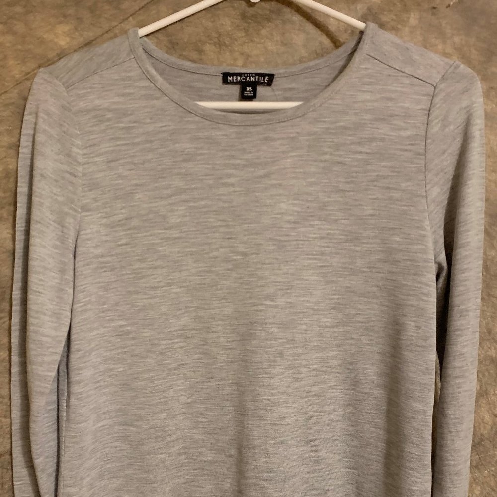 long-sleeved, gray shirt